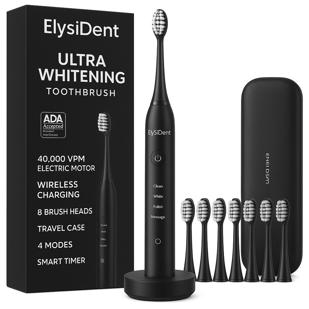ElysiDent Black Series Ultra Whitening Toothbrush – ADA Accepted Electric Toothbrush- 8 Brush Heads & Travel Case – 40,000 VPM Electric Motor & Wireless Charging - 4 Modes w Smart Timer