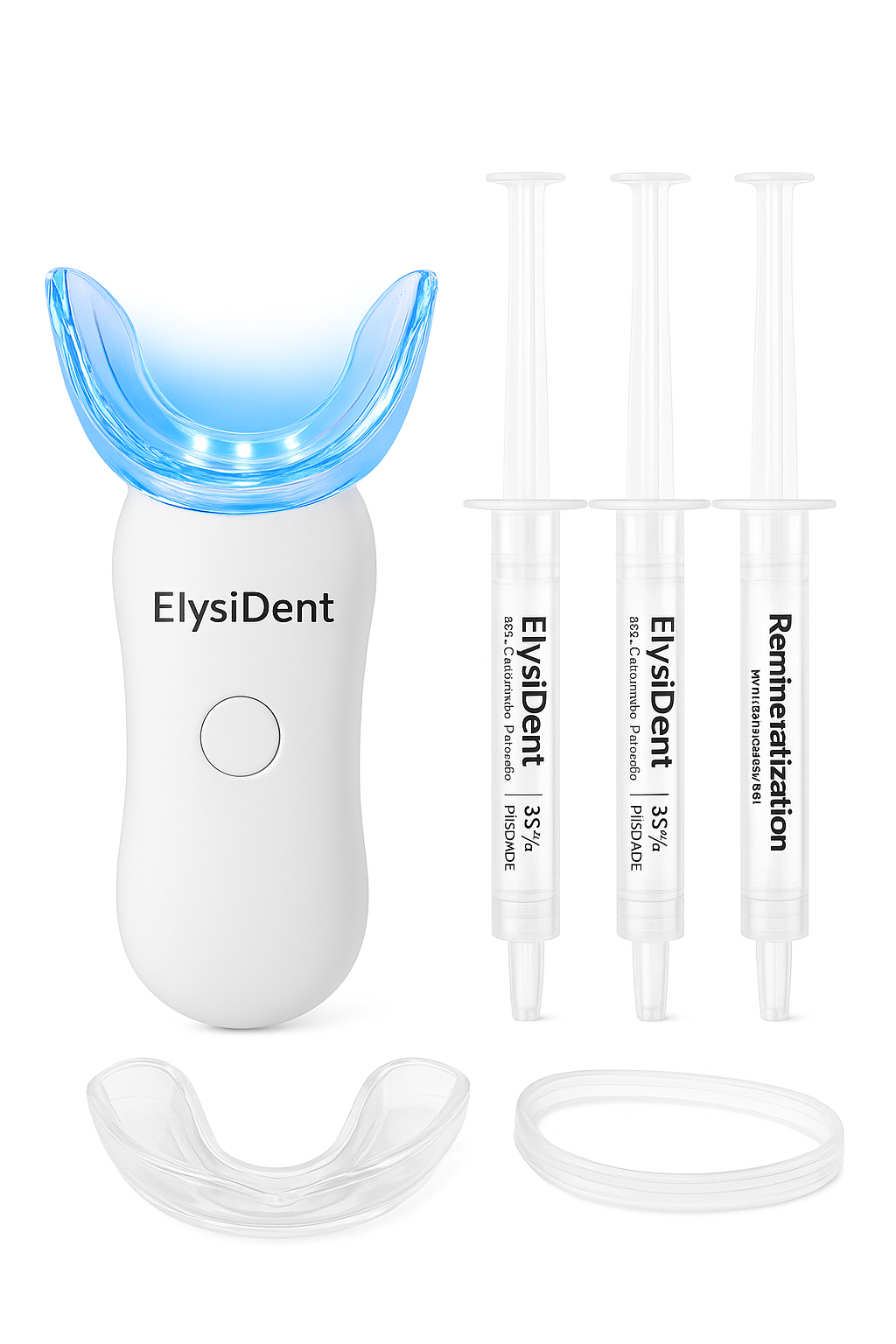 ElysiDent Teeth Whitening Kit - LED Light, 35% Carbamide Peroxide, (3) 3ml Gel Syringes, (1) Remineralization Gel, and Tray.